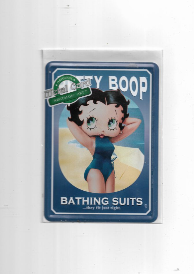 „Retro-Blechpostkarte mit Motiv von Betty Boop in klassischer Pose. Farbintensives Design im Vintage-Stil mit gewölbter Oberfläche und randgeprägtem Rahmen. Kultige Deko für Fans der 1930er-Jahre Comic-Ikone.“