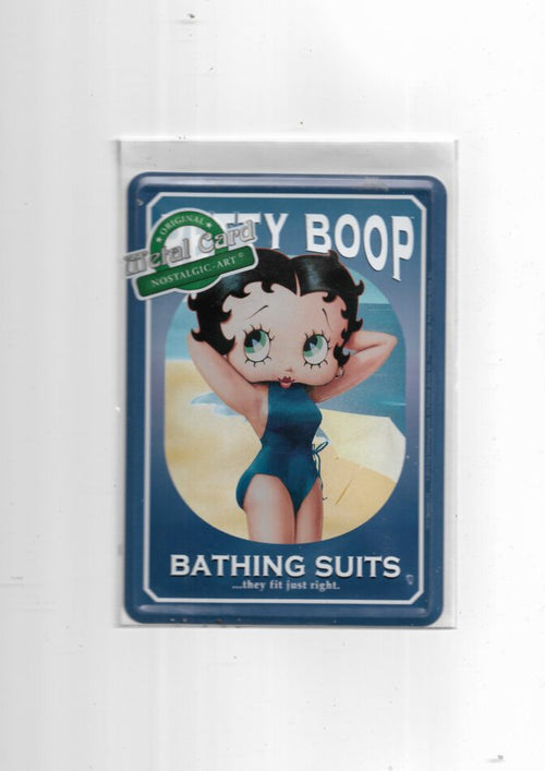 „Retro-Blechpostkarte mit Motiv von Betty Boop in klassischer Pose. Farbintensives Design im Vintage-Stil mit gewölbter Oberfläche und randgeprägtem Rahmen. Kultige Deko für Fans der 1930er-Jahre Comic-Ikone.“