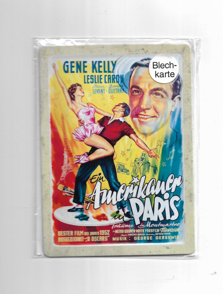 Filmstars Blechpostkarte Gene Kelly, Leslie Caron "Ein Amerikaner in Paris"