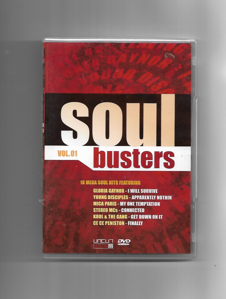 DVD-Cover „Soul Busters – Vol. 1 – 10 Mega Soul Hits“ mit Gloria Gaynor, Kool & the Gang, Commodores und weiteren Soul-Größen. Farbintensives Design mit Künstlerporträts und Songtiteln. Musik-DVD im Retro-Stil mit Klassikern der 70er bis 90er Jahre.