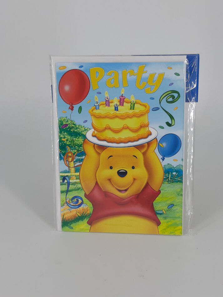 Disney Winnie the Pooh mit Geburtstagskuchen - 5 x Einladung zum Geburtstag mit Kuvert