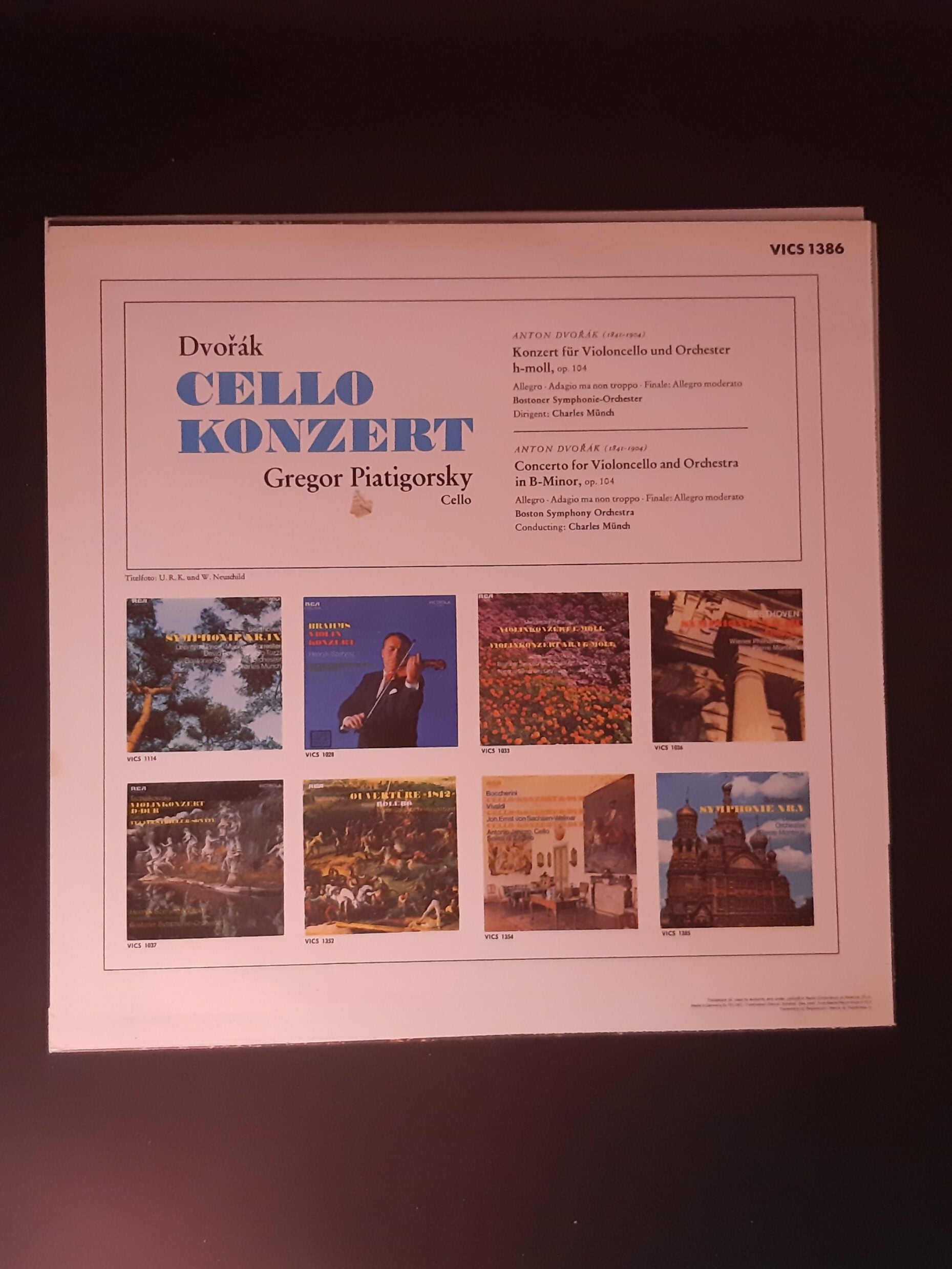 LP Schallplatte Vinyl Dvorak Cello-Konzert Gregor Piatigorsky Bostoner Symphonie-Orchester Charles Münch RCA 1961