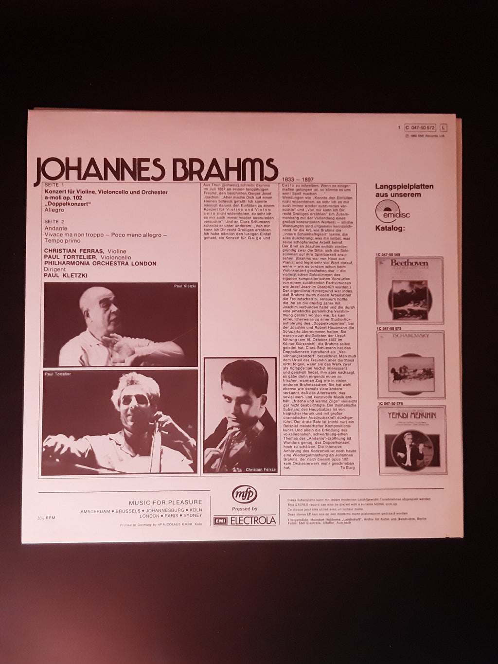 LP Schallplatte Vinyl Johannes Brahms Christian Ferras, Paul Tortelier, Philharmonia Orchestra London Paul Kletzki  emidisc