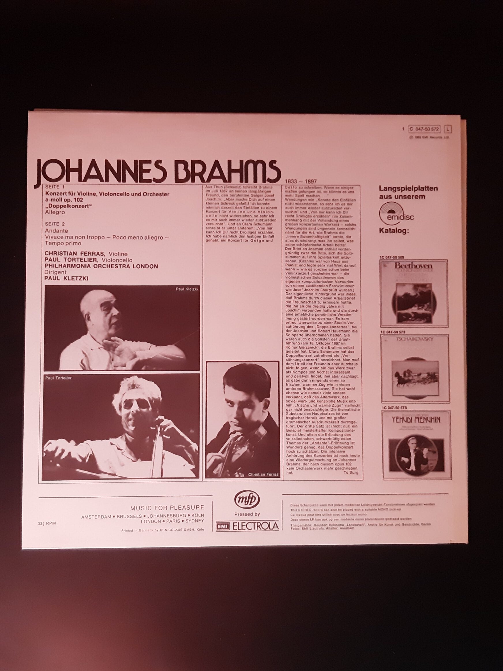 LP Schallplatte Vinyl Johannes Brahms Christian Ferras, Paul Tortelier, Philharmonia Orchestra London Paul Kletzki  emidisc