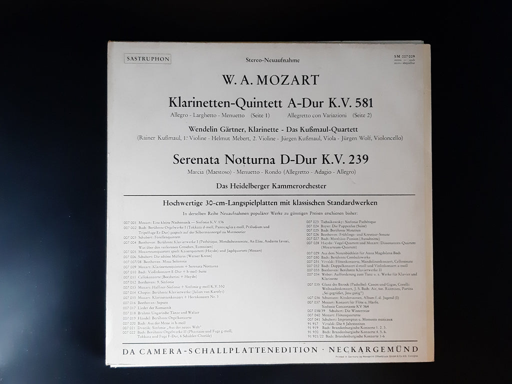 LP Schallplatte Vinyl  W.A. Mozart Klarinetten-Quintett A-Dur K.V. 581 Serenata Notturna  Sastruphon