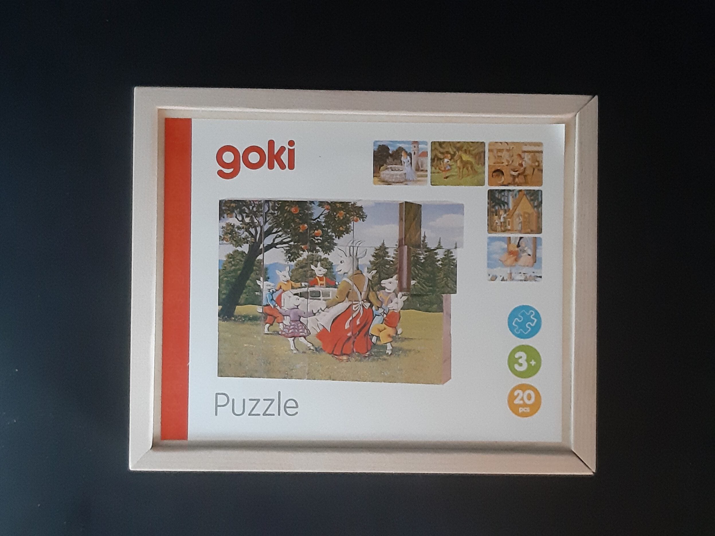 Goki Märchenpuzzle Würfelpuzzle mit sechs wunderschönen Märchenmotiven in einem stabilen Holzkasten