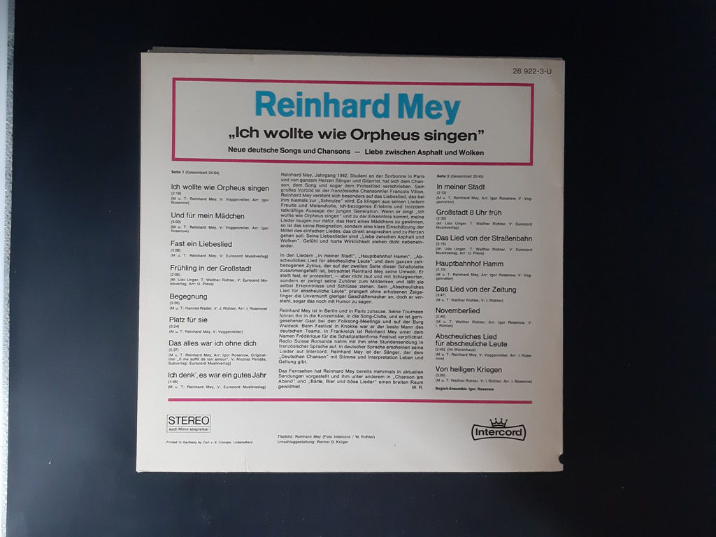 LP Schallplatte Vinyl Reinhard Mey Ich wollte wie Orpheus singen Intercord 1967