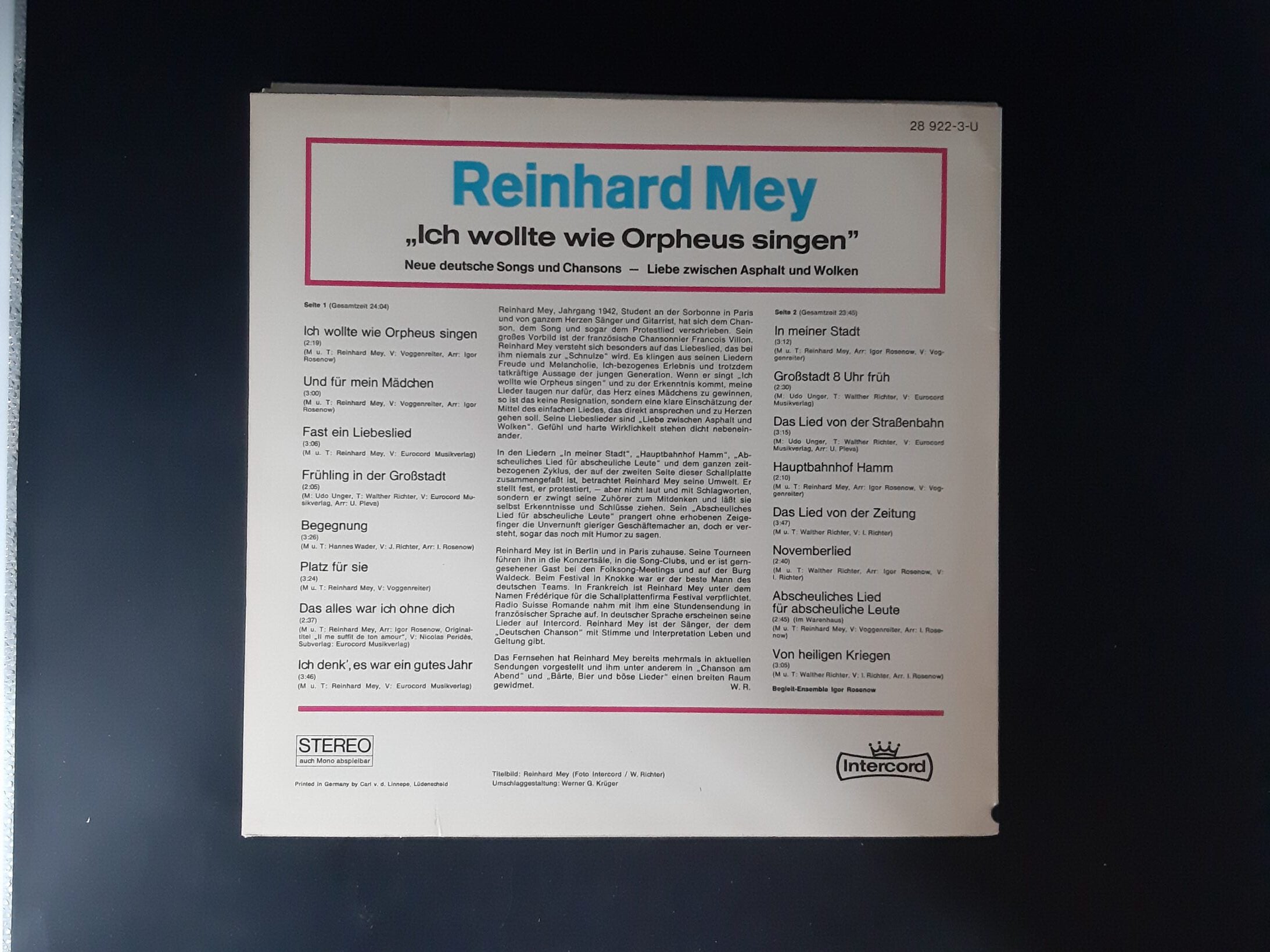 LP Schallplatte Vinyl Reinhard Mey Ich wollte wie Orpheus singen Intercord 1967