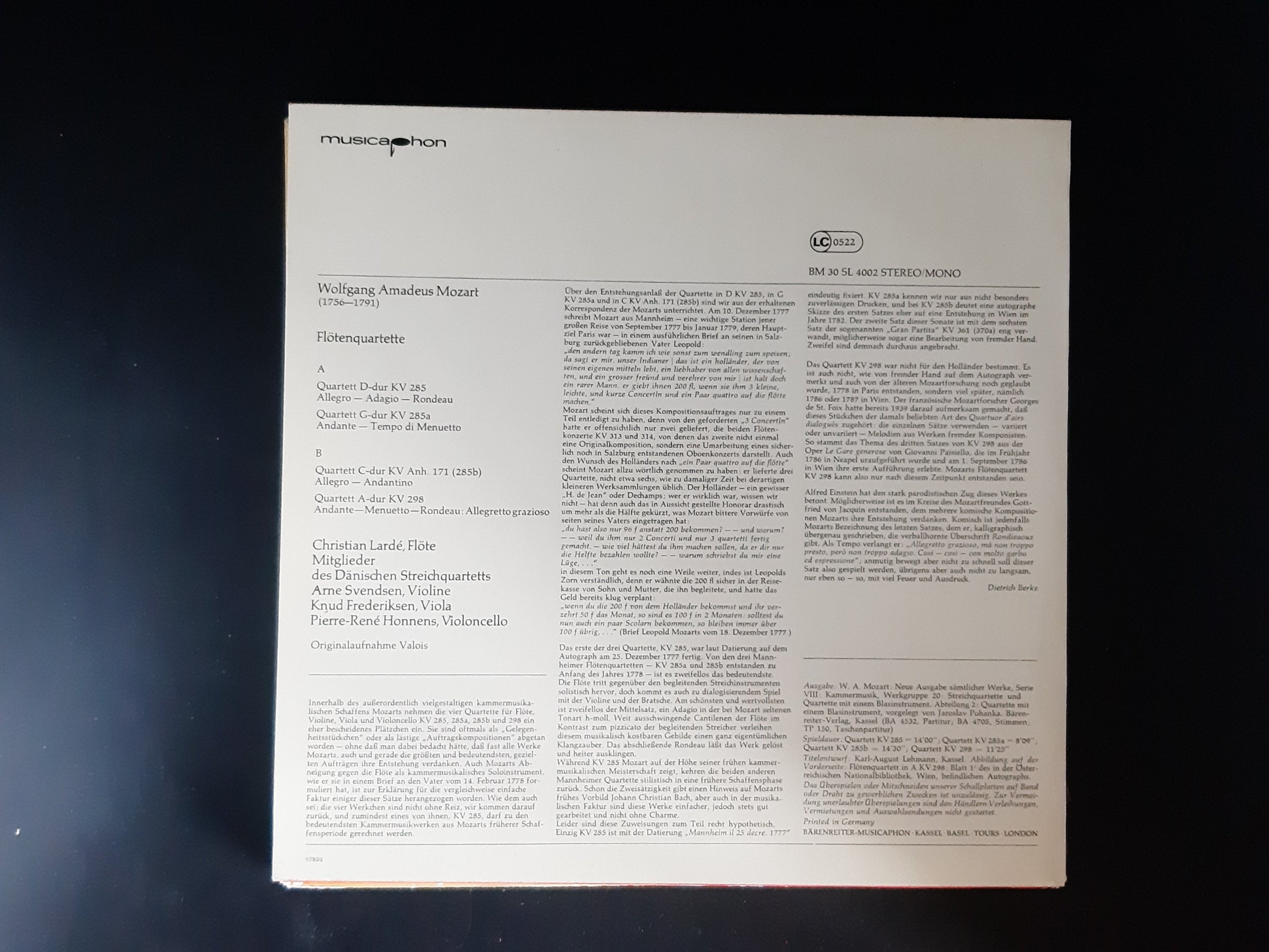 LP Schallplatte Vinyl Mozart Flötenquartette Christian Lardé Musicaphon 1983