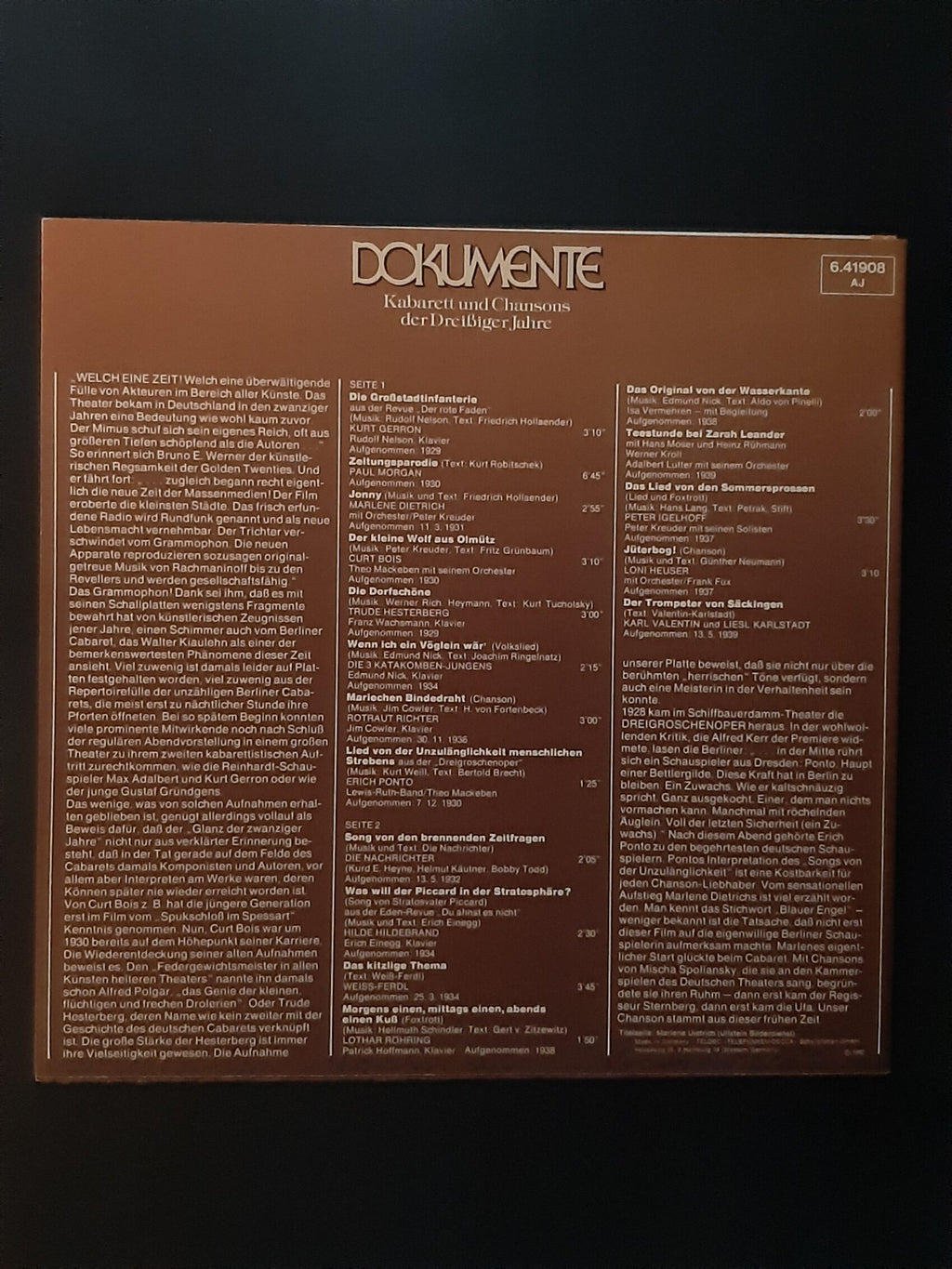 LP Schallplatte Vinyl Kabarett und Chansons der Der Dreißiger Jahre u.a. Marlene Dietrich Jonny Telefunken 1975 