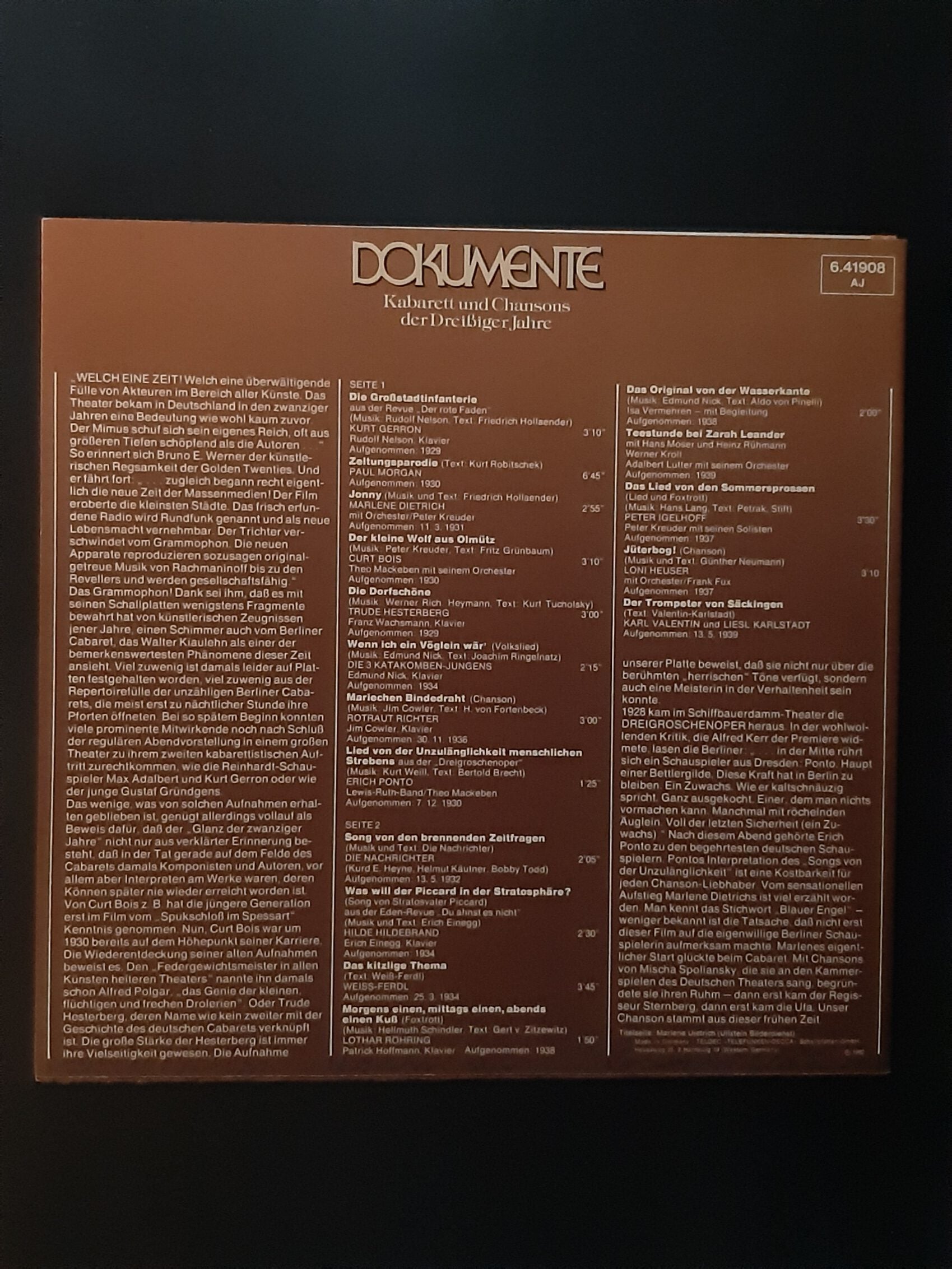 LP Schallplatte Vinyl Kabarett und Chansons der Der Dreißiger Jahre u.a. Marlene Dietrich Jonny Telefunken 1975 