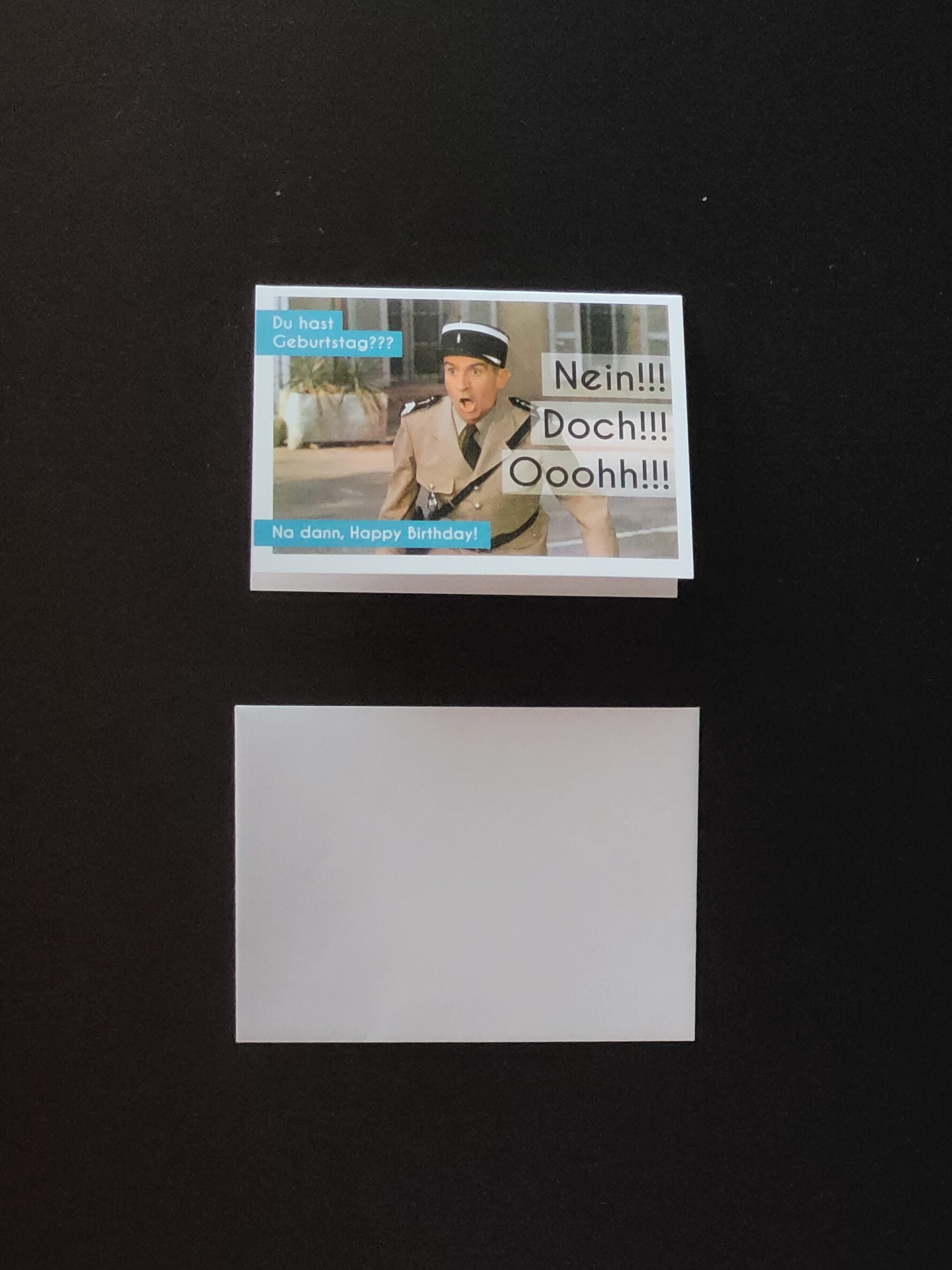Geburtstagsgrußkärtchen mit Kuvert ca. 7,5 cm 5,5 cm Louis de Funès Nein!!! Doch!!! Ooohh!!!