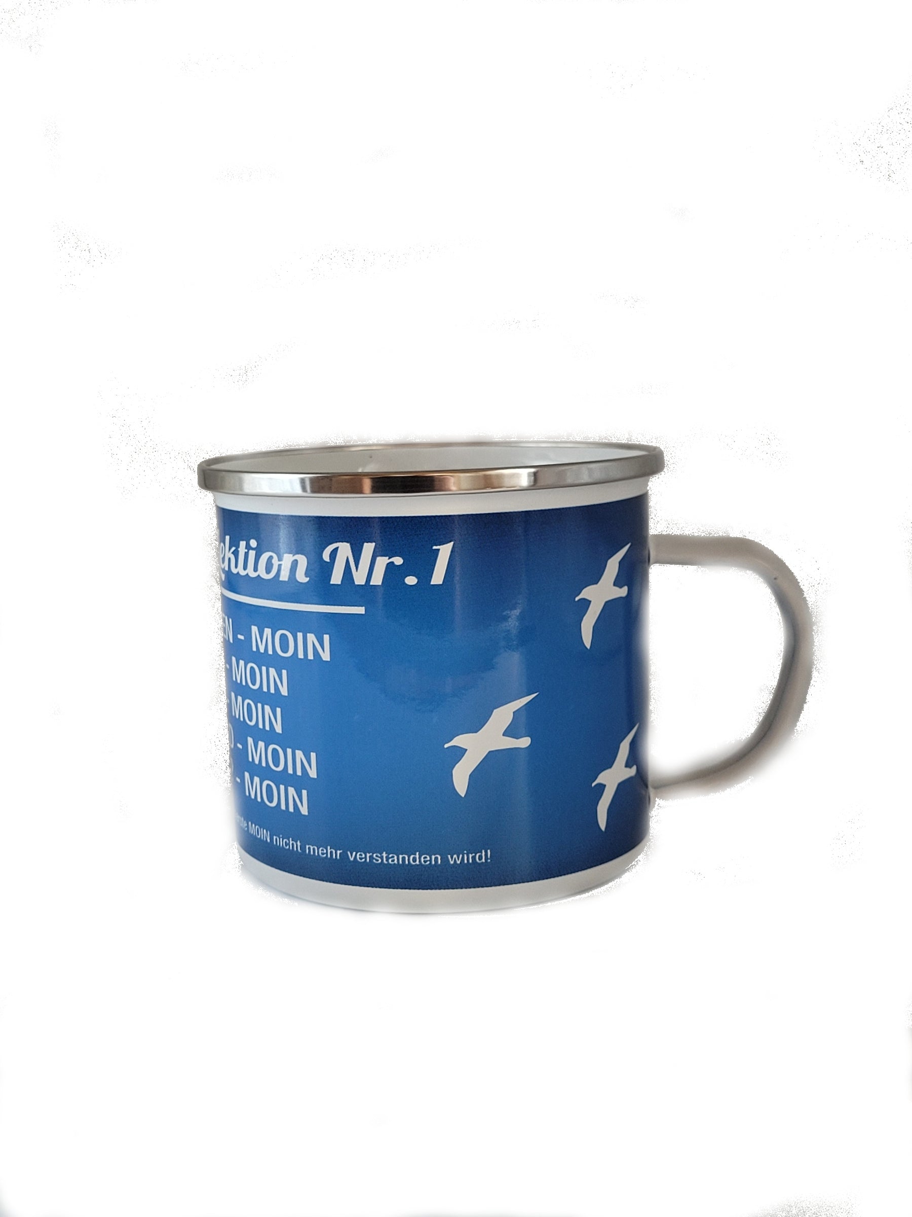 Emaille Becher "Norddeutsch - Lektion Nr. 1 Moin" 0,5 L