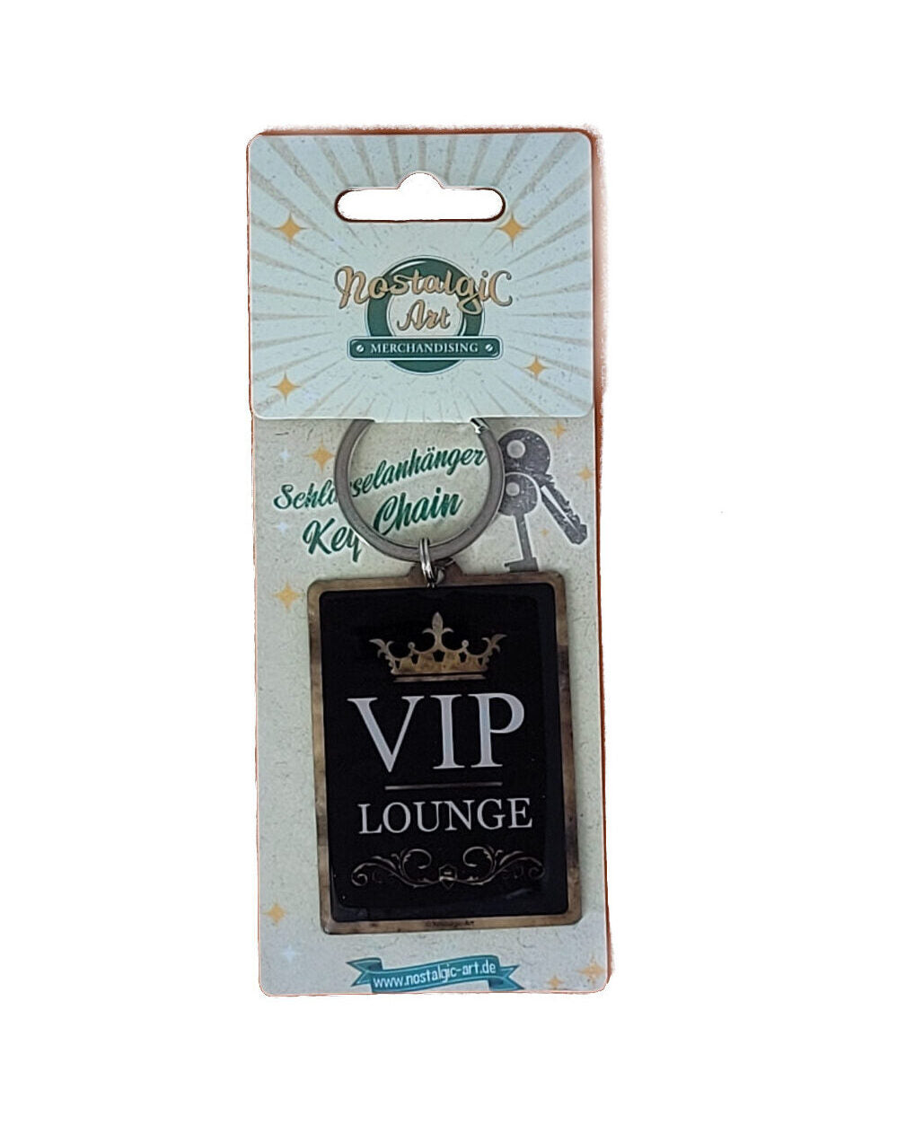 Schlüsselanhänger VIP Lounge aus Edelstahl mit bedruckter Rückseite (Nostalgic Art)