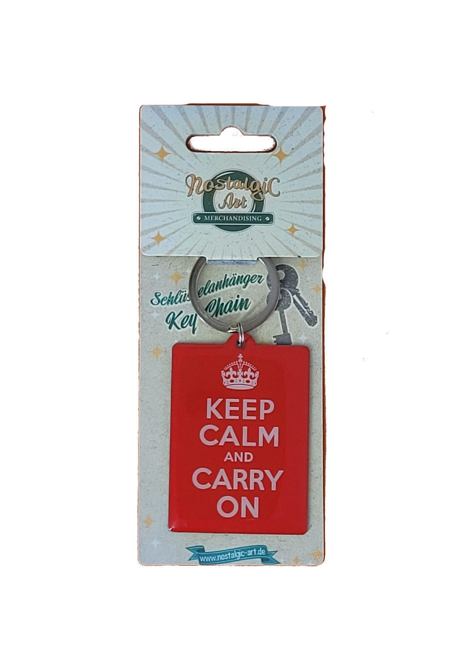 Schlüsselanhänger Keep Calm and Carry on aus Edelstahl mit beschrifteter Rückseite (Nostalgic Art)