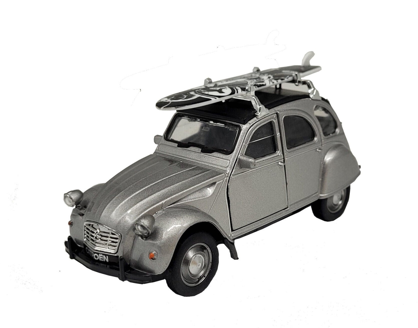 Modellauto Citroen 2 CV (Ente) - mit Surfbrett grau (aus Metall mit Friktionsmotor) 1:34