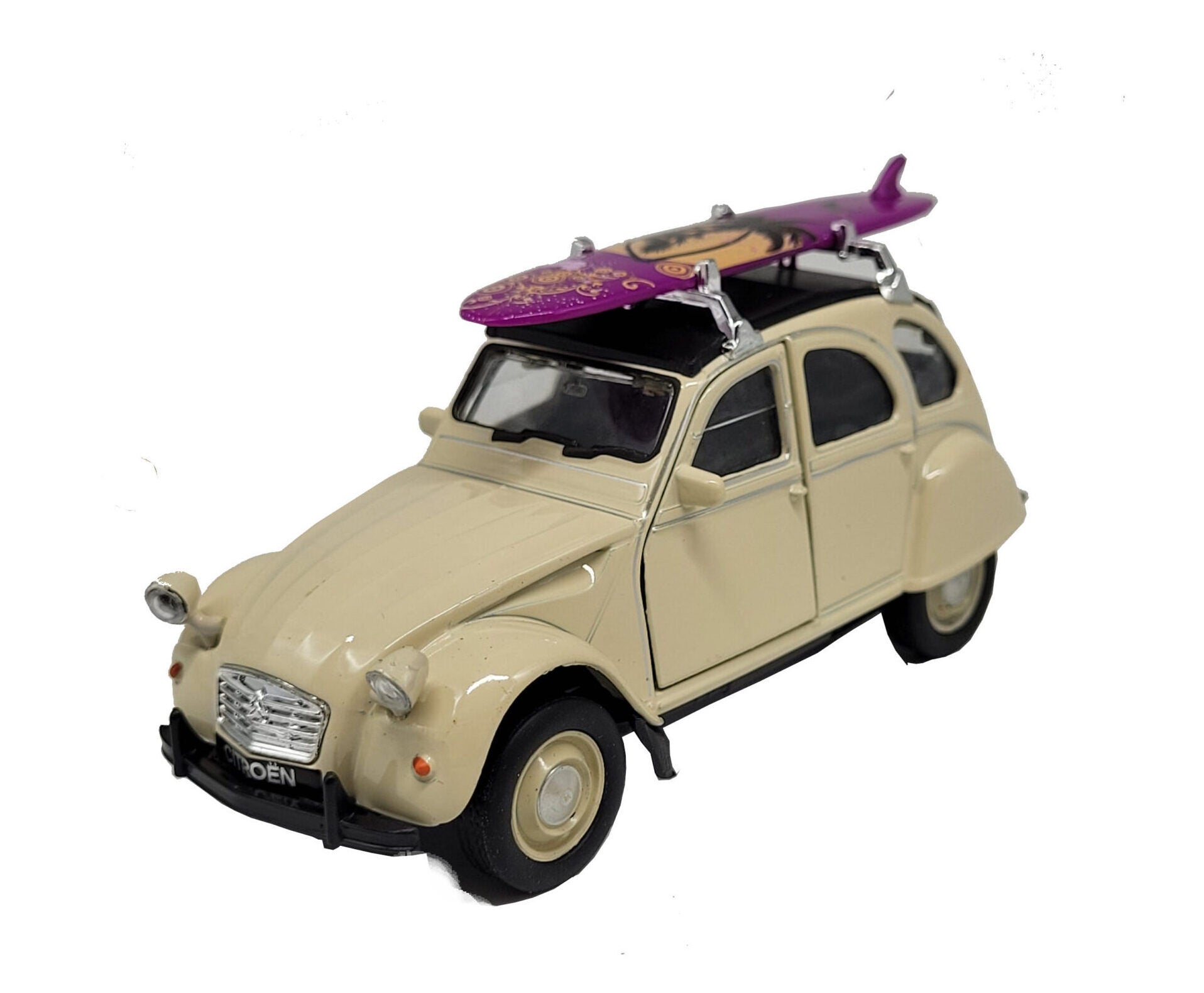 Modellauto Citroen 2 CV (Ente) - mit Surfbrett cremefarben (aus Metall mit Friktionsmotor) 1:34