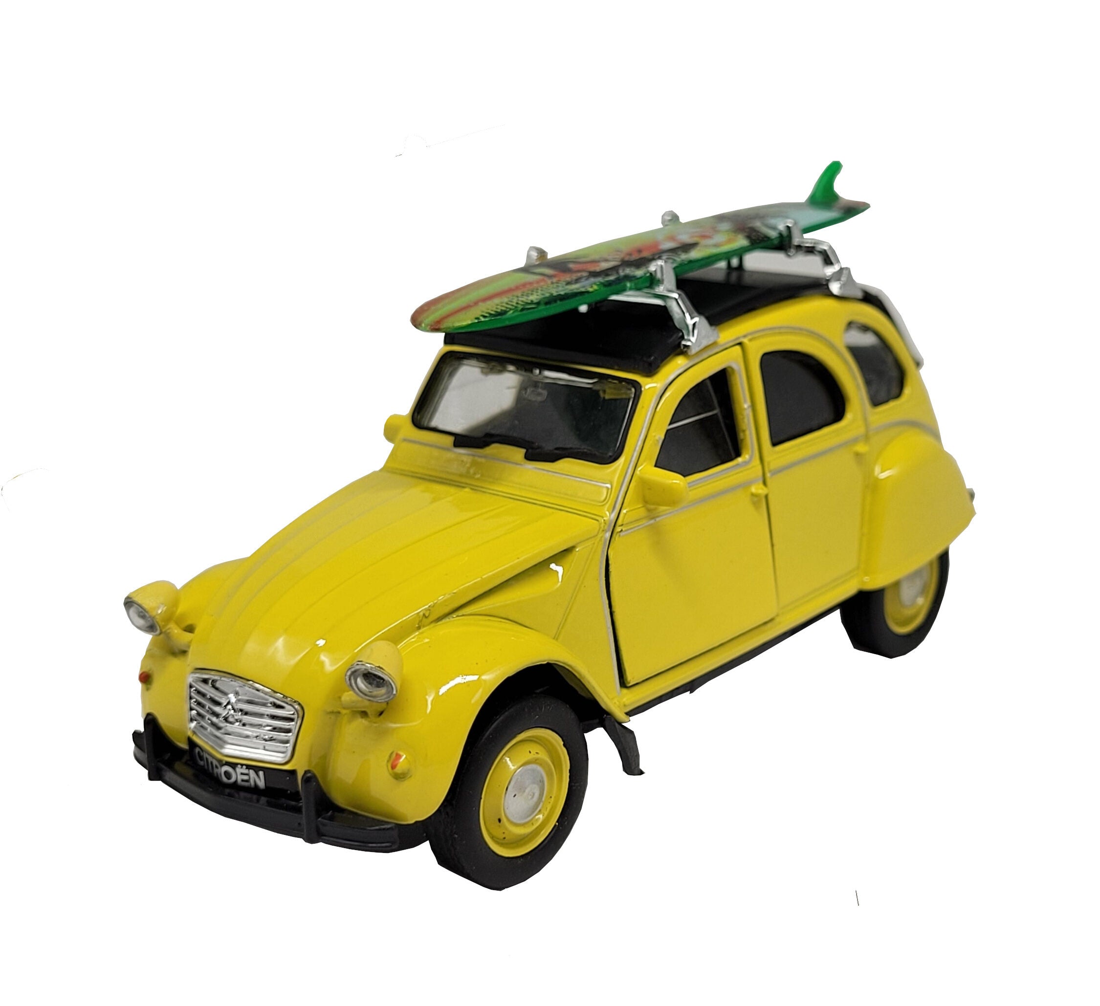 Modellauto Citroen 2 CV (Ente) - mit Surfbrett gelb (aus Metall mit Friktionsmotor) 1:34