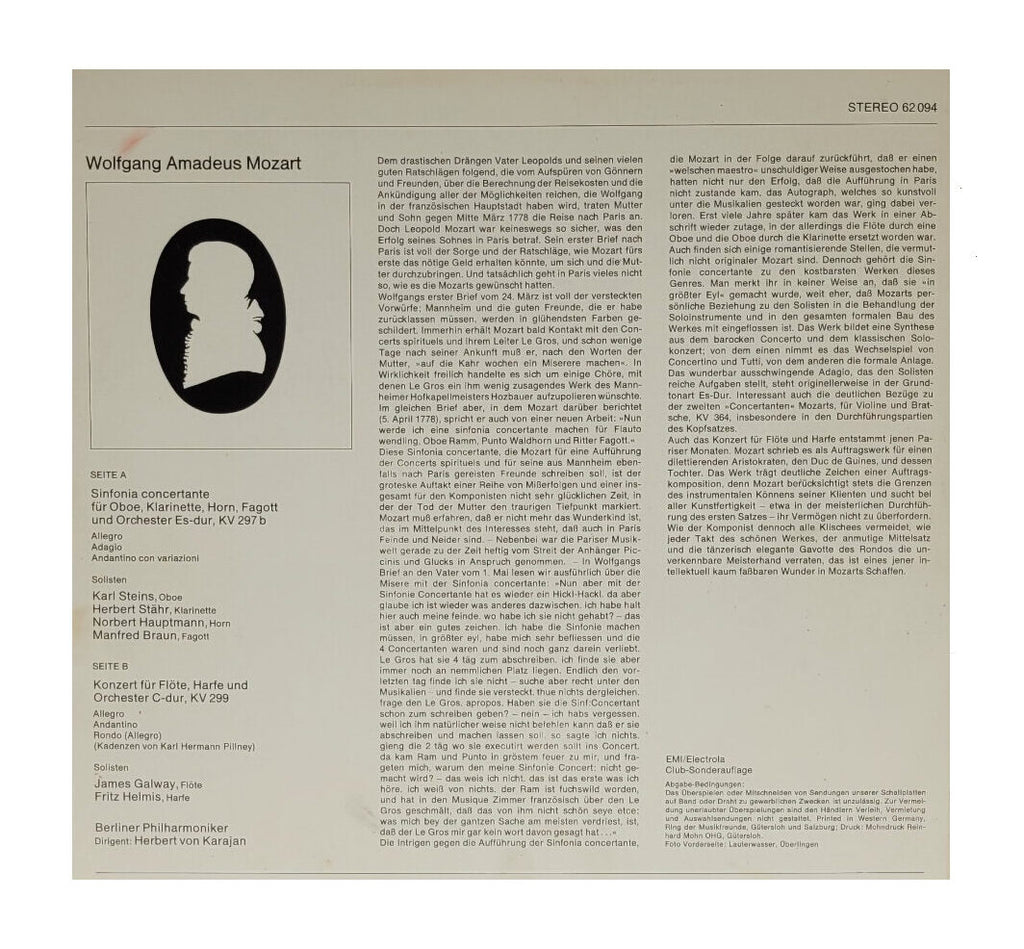 LP Schallplatte Vinyl LP Mozart - Karajan -  Sinfonia Concertante - Konzert für Flöte, Harfe und Orchester   EMI