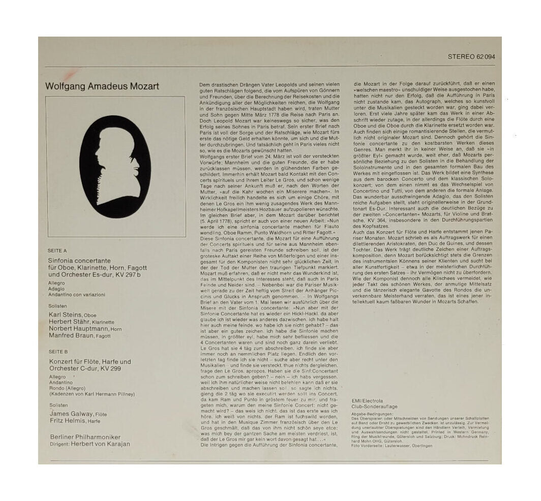 LP Schallplatte Vinyl LP Mozart - Karajan -  Sinfonia Concertante - Konzert für Flöte, Harfe und Orchester   EMI
