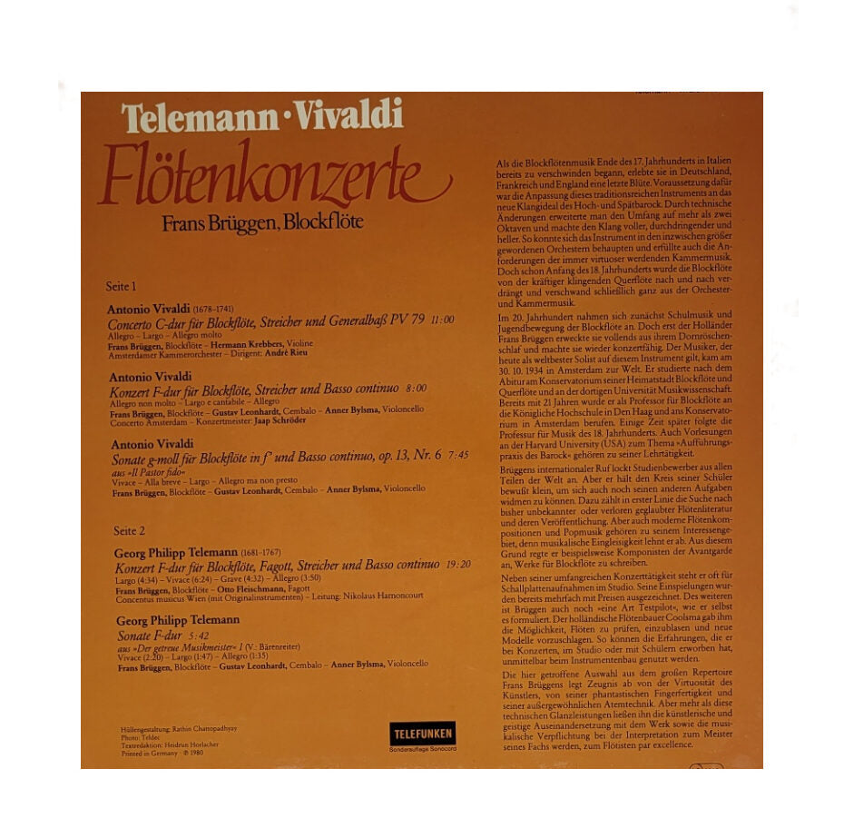 LP Schallplatte Vinyl LP Telemann - Vivaldi Flötenkonzerte Frans Brüggen, Blockflöte Telefunken 1980