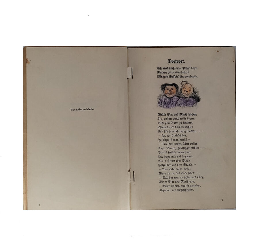 Alte Bücher Wilhelm Busch Max und Moritz eine Bubengeschichte in sieben Streichen Verlag von Braun und Schneider
