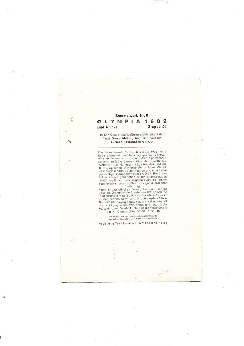 Sammelbild Bruno Ahlberg - Luciano Fabbroni Boxen Sammelwerk Nr. 6 Olympia 1932