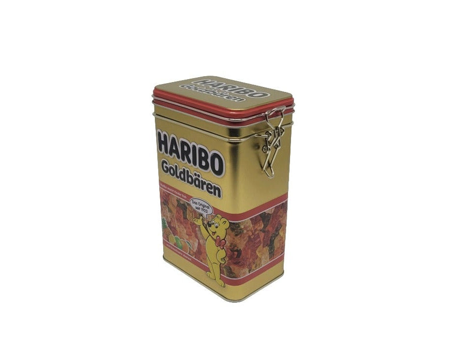 „Aromadose Haribo Goldbären, rechteckige 1,3‑Liter‑Vorratsdose aus Metall im nostalgischen Design, goldfarbene Dose mit Haribo‑Motiv