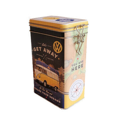 Aromadose mit Stahlbügelverschluss 1,3 L, Motiv VW Bulli, motivgeprägt auf mehreren Ebenen (night and day) Darstellung VW Bulli gelb Surfbrett im Hintergrund