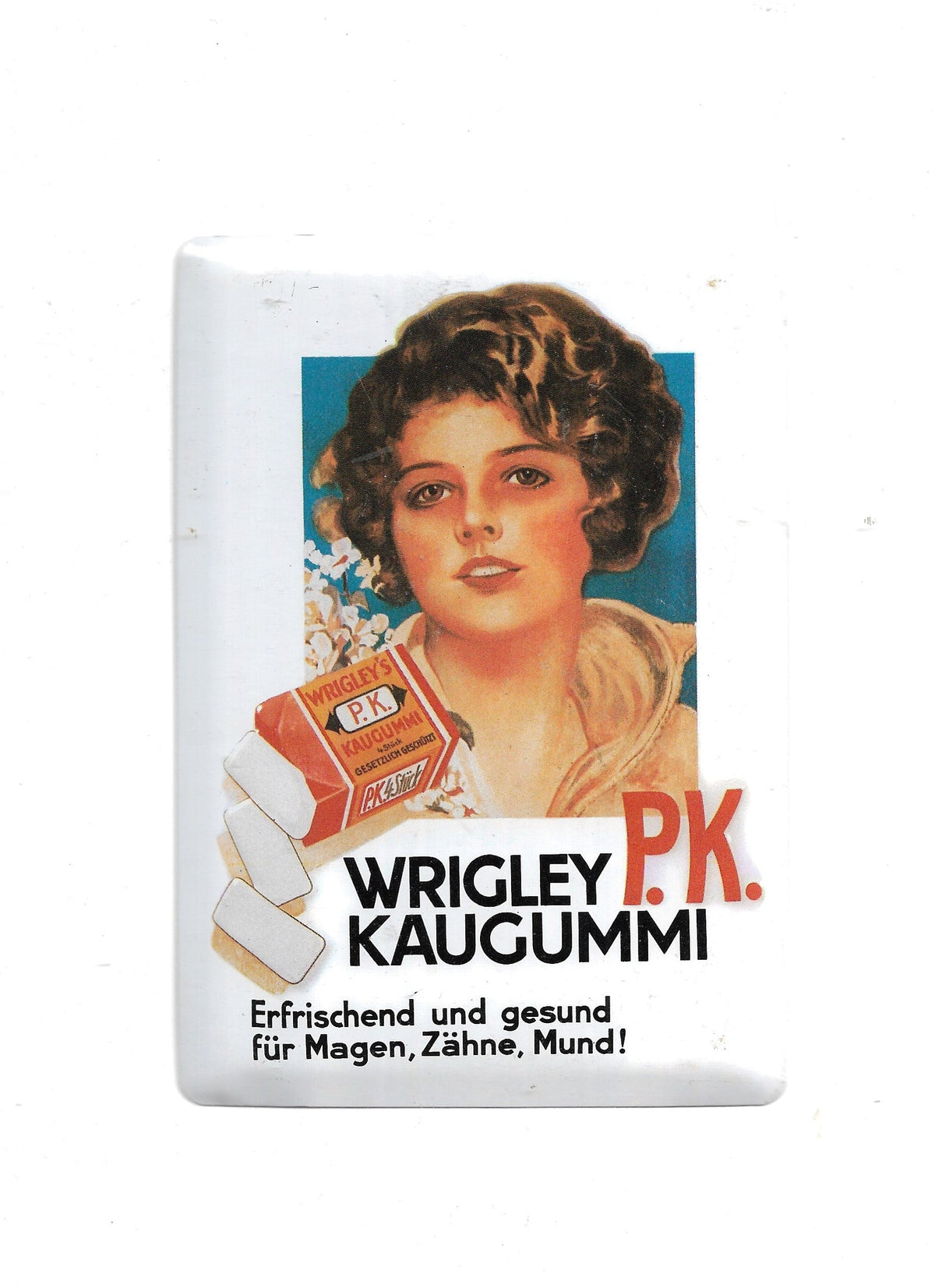 „Blechpostkarte Wrigley’s P.K. Kaugummi, farbstarkes Retro‑Werbemotiv auf stabilem Blechträger, sehr guter Zustand mit leichten Gebrauchsspuren, ideal für Sammler historischer Werbung.“