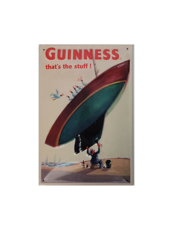 Blechschild 20x30 cm Guinness Mann hebt mit einer Hand das Boot und streiccht es