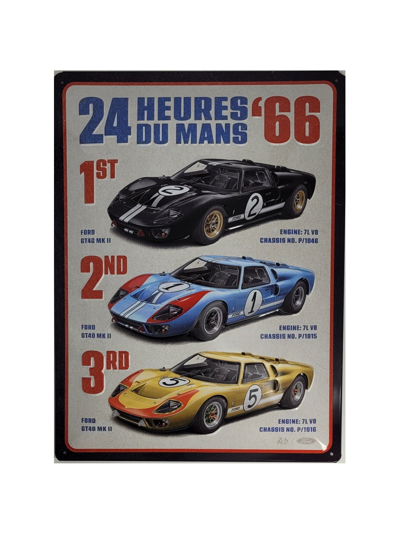 „Blechschild Le Mans 24h 1966, Ford GT40 Winners, rechteckiges 30×40‑cm‑Metallschild im Vintage‑Design von Nostalgic Art, frontal fotografiert.“