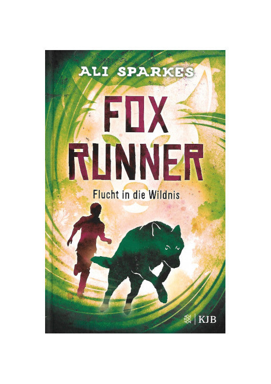 Fantasy Ali Sparkes - Fox Runner - Flucht in die Wildnis - Band 3 - S. Fischer KJB 2020 - gebunden sehr guter Zustand, als Mängelexemplar ausgewiesen Titelbild: grüner Hintergrund durchbrochen von Helligkeit und Licht aus dem in Silhouette ein junger Mann und ein Fuchs hinauslaufen
