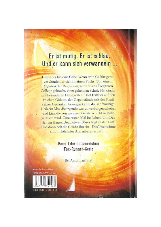 Fantasy Ali Sparkes - Fox Runner - Die Macht der Verwandlung - S. Fischer KJB 2019 - gebunden sehr guter Zustand, gebundene Ausgabe, als Mängelexemplar ausgewiesen Titelbild: der Hintergrund ist leuchtend orange von einem Lichtschein durchbrochen, im Vordergrund rennen ein Junge und ein Fuchs