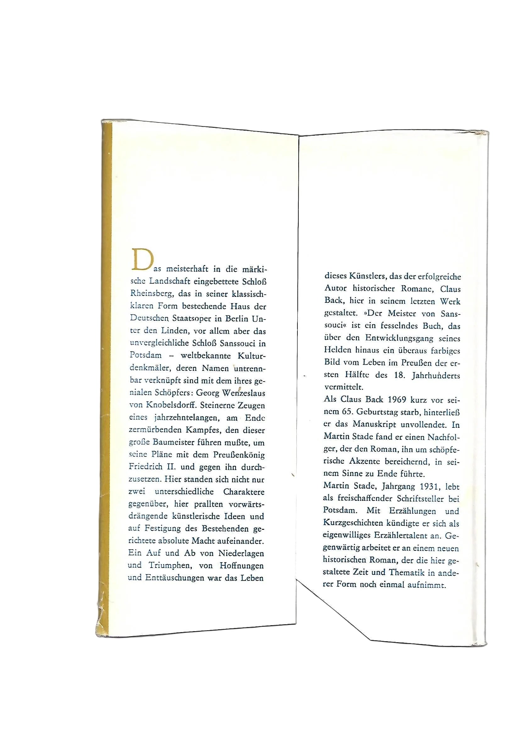 Berlin Claus Back Martin Stade Der Meister von Sanssouci Historischer Roman Buchverlag der Morgen 1974