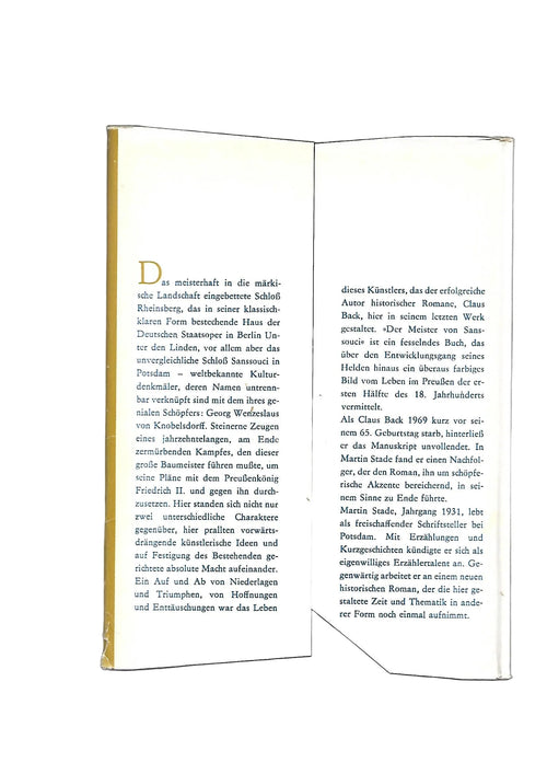 Berlin Claus Back Martin Stade Der Meister von Sanssouci Historischer Roman Buchverlag der Morgen 1974