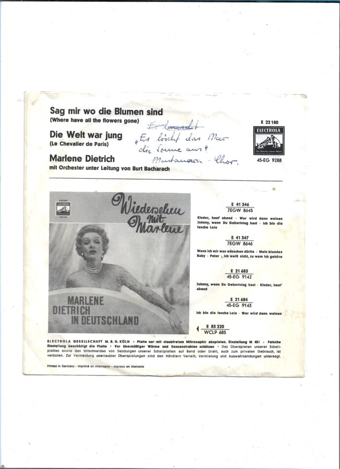 Flohmarkt Vinyl Single Marlene Dietrich - Sag' mir wo die Blumen sind - Electrola 1962