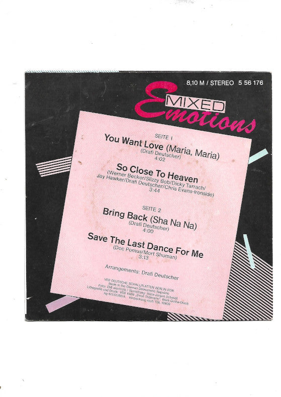 Flohmarkt Vinyl Single Mixed Emotions u.a. Drafi Deutscher - Amiga Quartett 1988 A - You want Love (Maria,Maria) /So close to heaven B - Bring back / Save thelast dance for me gebraucht guter Zustand Cover und Platte rueckseite