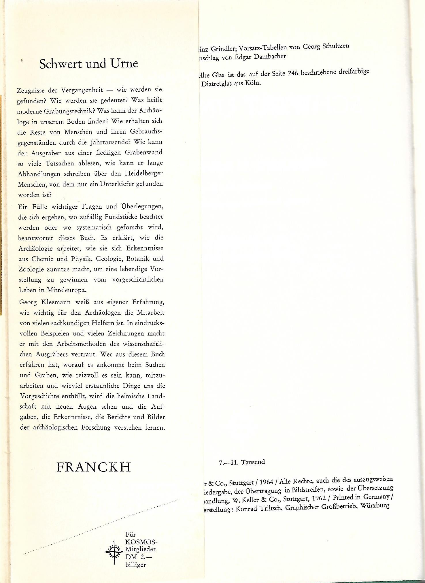 Kulturgeschichte Georg Kleemann Schwert und Urne Frank'sche Verlagshandlung W. Keller & Co 1964