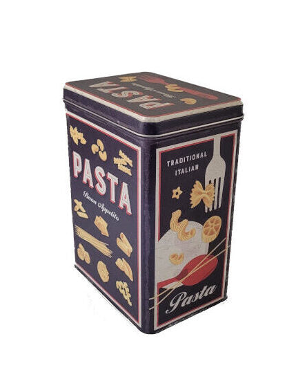 Große Vorratsdose aus robustem Stahlblech mit farbigem Motivdruck „Pasta Variety“; rechteckige Form mit Scharnierdeckel, lebensmittelecht, Fassungsvermögen 3 L, Maße 10 × 14 × 20 cm, hergestellt von Nostalgic Art in Deutschland.