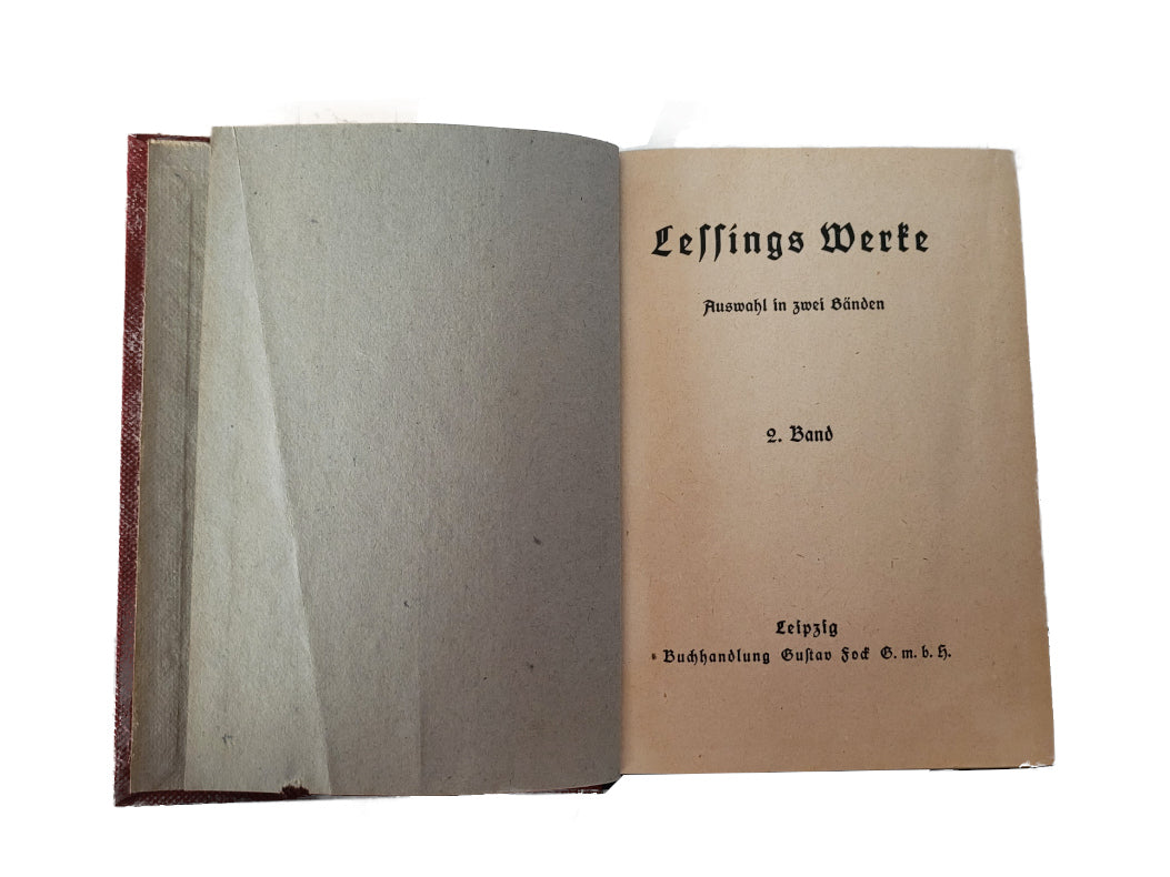 Alte Bücher Lessings Werke - Auswahl in 2 Bänden Buchhandlung Gustav Fock Leipzig gebundene Ausgabe- ca. 1925? Buchrücken in Gold-Ornamentik, Frakturschrift ein schönes Exemplar Spamersche Buchdruckerei in leipzig guter Zustand hier Innenblatt