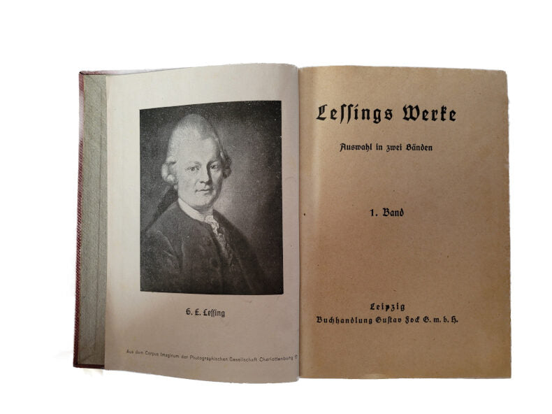 Alte Bücher Lessings Werke - Auswahl in 2 Bänden Buchhandlung Gustav Fock Leipzig gebundene Ausgabe- ca. 1925? Buchrücken in Gold-Ornamentik, Frakturschrift ein schönes Exemplar Spamersche Buchdruckerei in leipzig guter Zustand hier Innenseite Porträt