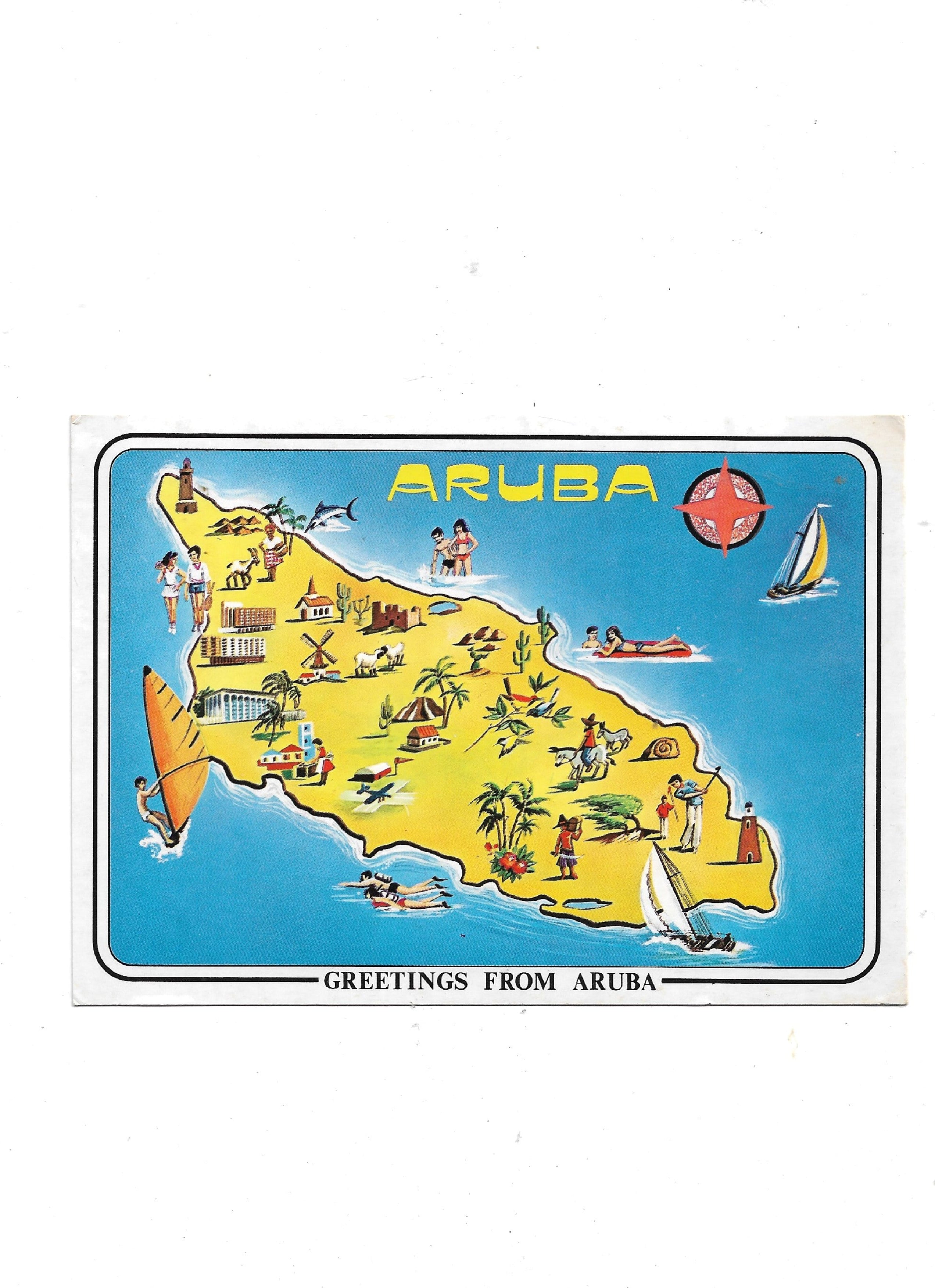 „Vintage‑Postkarte ‚Greetings from Aruba‘, ca. 9,8 × 14,6 cm, altersbedingt guter Zustand“  