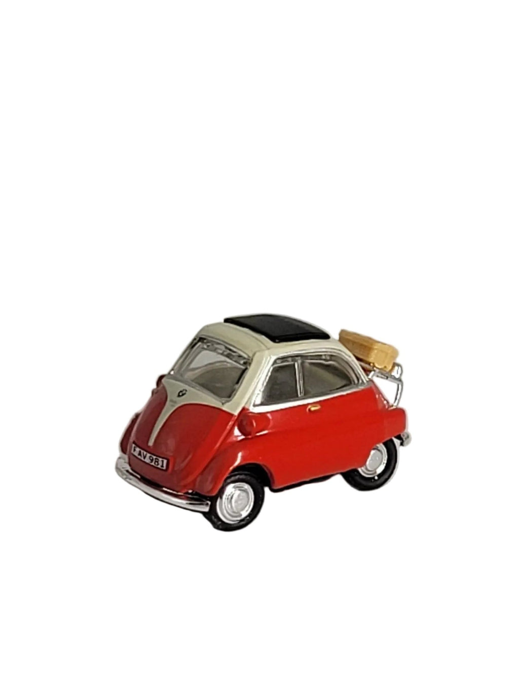 „Miniatur‑Automagnet BMW Isetta 250  in Rot, detailgetreu gefertigt, mit starkem Kraftmagnet, ca. 3,5 cm groß, haftet auf allen magnetischen Oberflächen.“