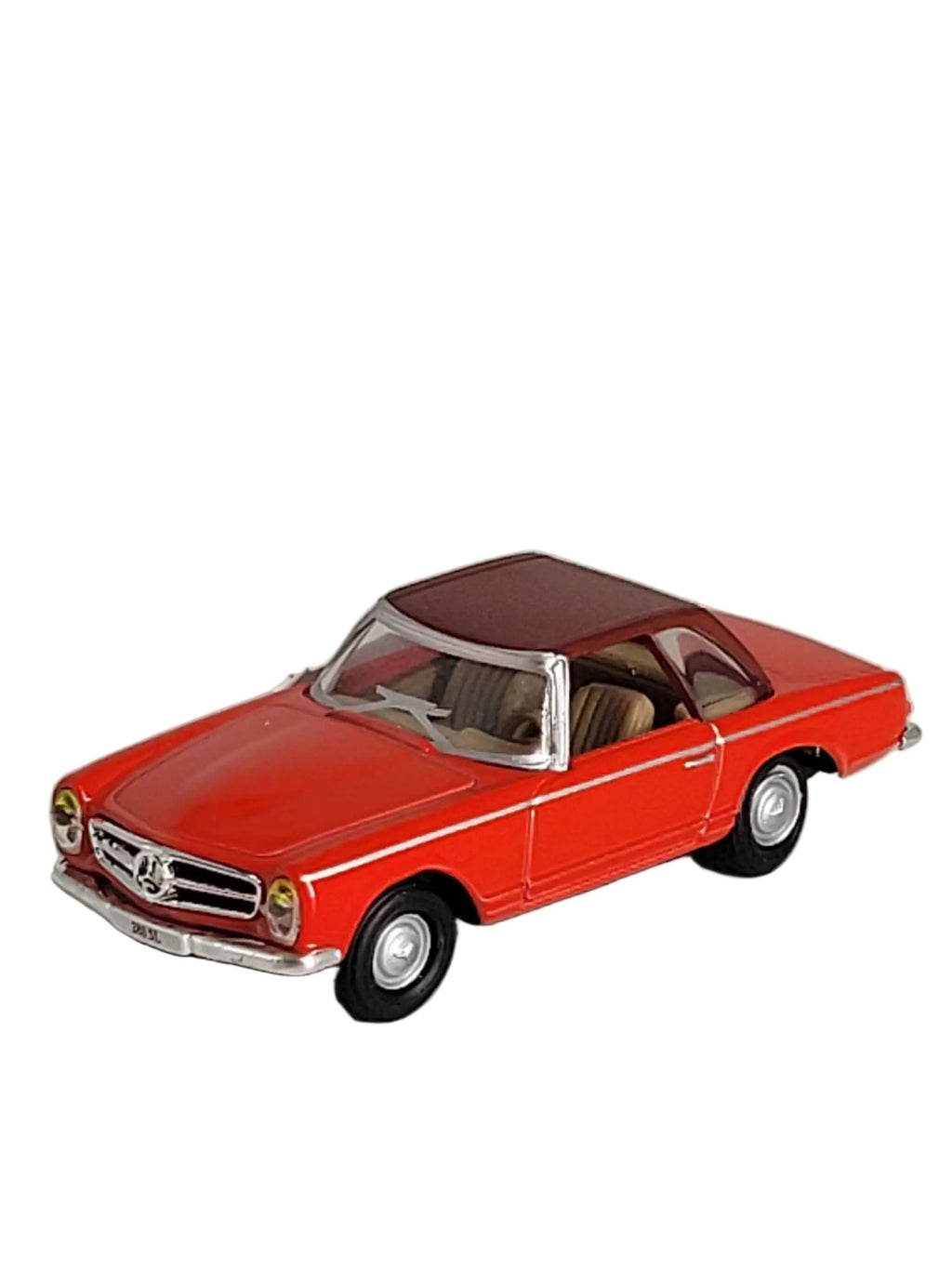 „Miniatur‑Automagnet Mercedes Benz 280 SL Cabrio in Rot, detailgetreu gefertigt, mit starkem Kraftmagnet, ca. 4,5–7 cm groß, haftet auf allen magnetischen Oberflächen.“