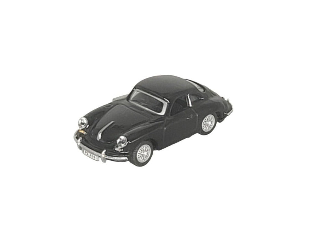 „Automagnet mit Motiv eines schwarzen Porsche 356B Coupé, frontal seitlich fotografiert.“