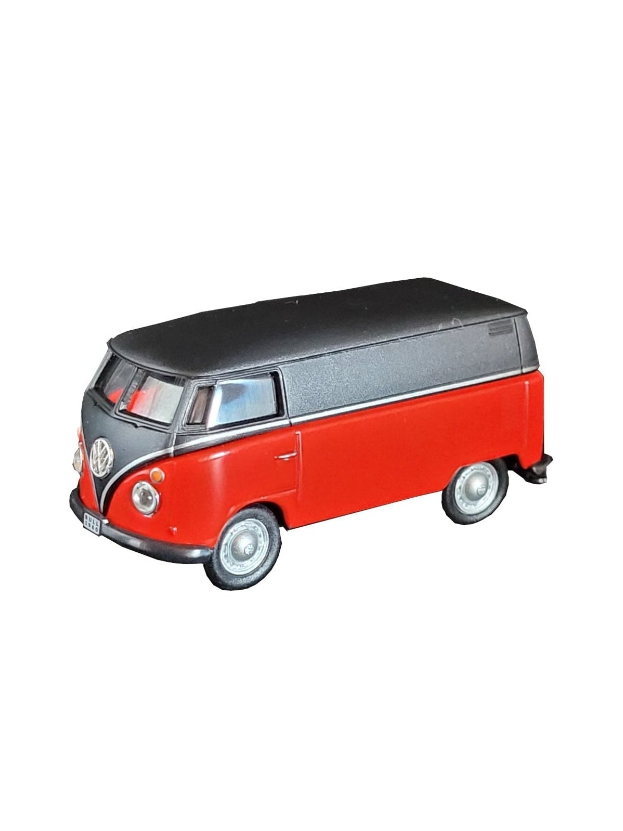 „Miniatur‑Automagnet VW Van in Rot mit schwarzem Dach; detailgetreues Metallmodell, vormontiert; ca. 4,5–6 cm groß; mit starkem Kraftmagnet für magnetische Oberflächen.“