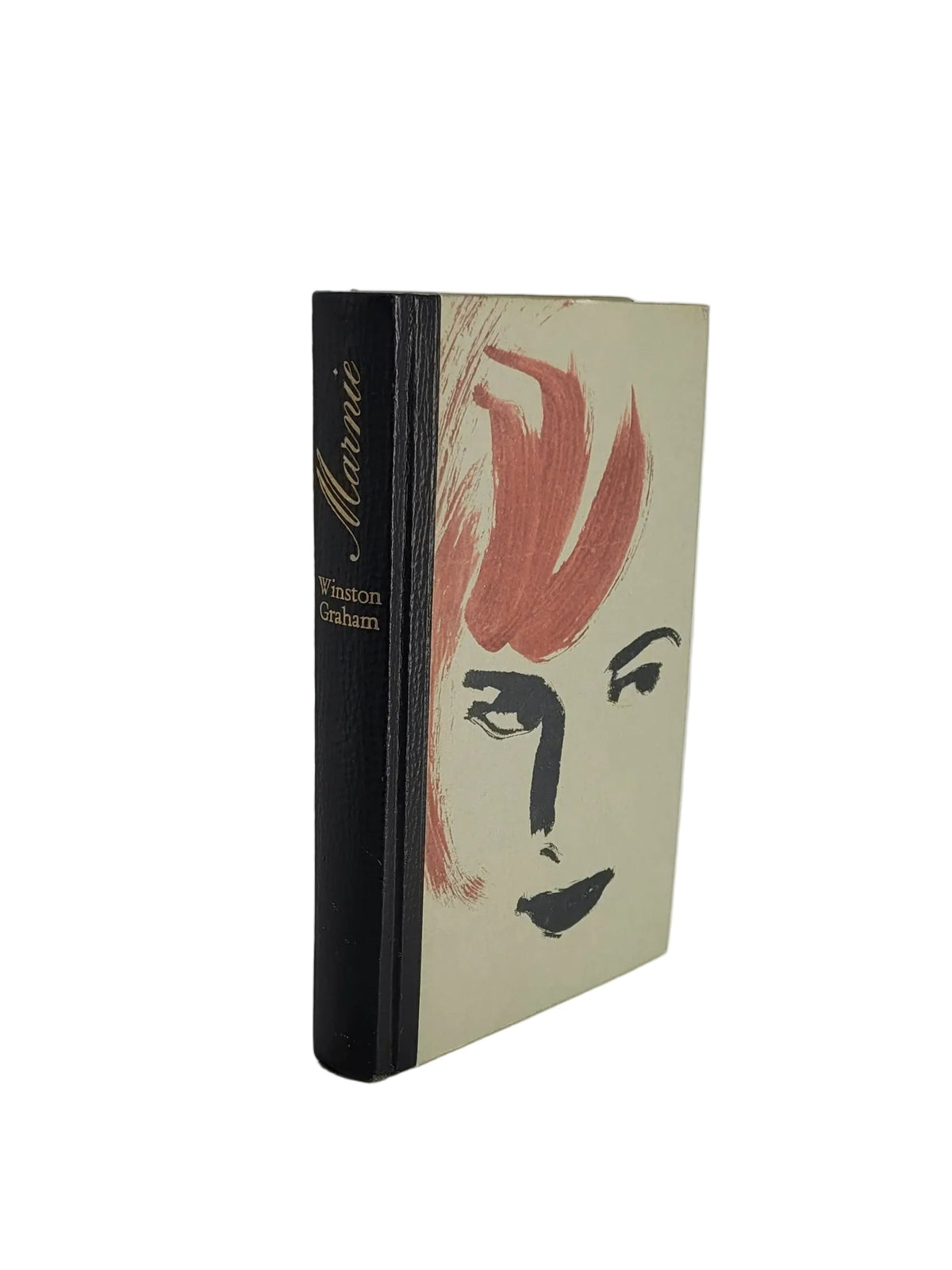 Vorderseite des Buches „Marnie“ von Winston Graham (Bertelsmann Lesering) mit schwarzem Lederrücken. Der Buchdeckel zeigt eine skizzierte Grafik des Porträts einer Frau mit rötlichen Haaren.