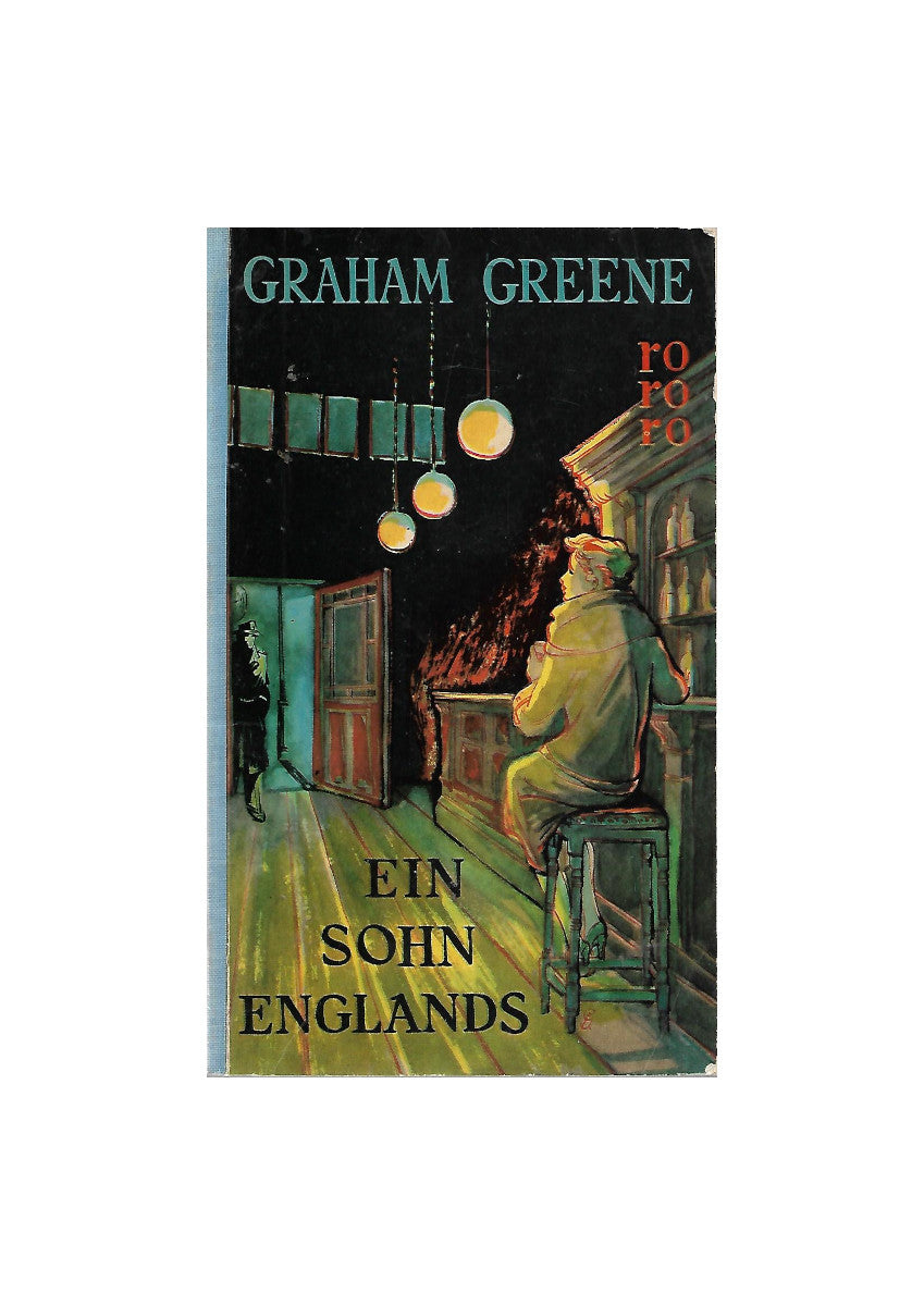 „Buchcover Graham Greene Ein Sohn Englands, rororo Taschenbuch 1953“ junge Frau sitzt in einer Bar, ihr Blick ist auf die Türe gerichtet, von dort tritt ein Mann ein - gezeichnet