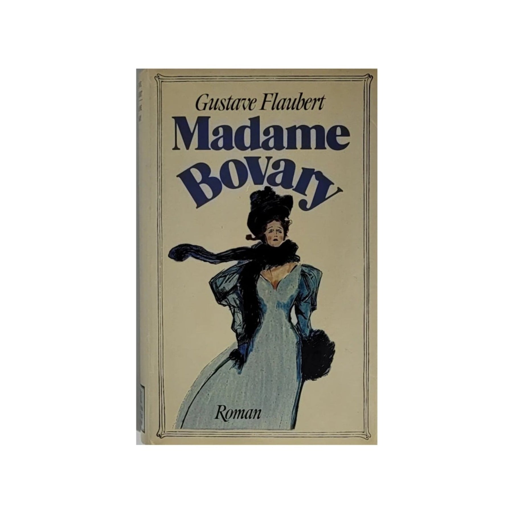 „Buchcover Gustave Flaubert Madame Bovary, Moewig Verlag M.V. Bibliothek der Weltliteratur 1978“ zu sehen eine elegante Dame in einem hellblauen fließenden Kleid, einem wehenden Schal und eleganter Kopfbedeckung